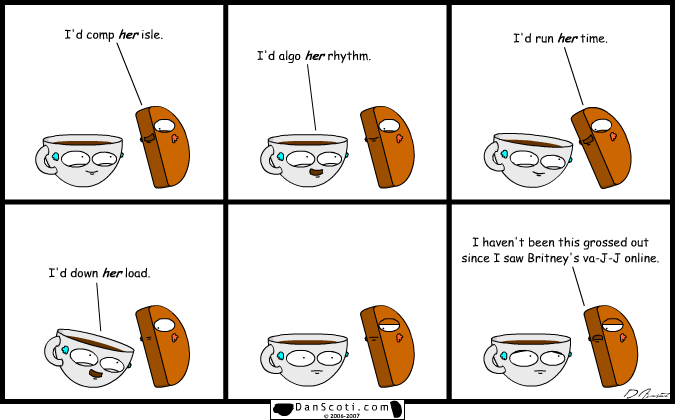 To answer your questions: (1) yes, we love to rip on britney, (2) yes we're huge geeks & love the programming jokes, and (3) yes I did just write "va-J-J".  I am awesome.